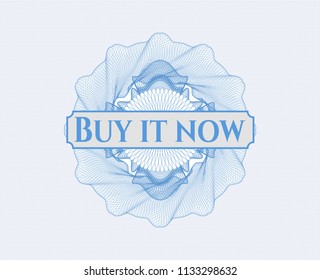 Light blue rosette (money style emblem) with text Buy it Now inside