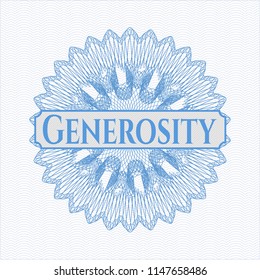 Light blue rosette (money style emblem) with text Generosity inside