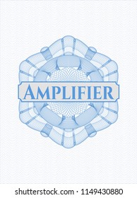 Light blue rosette or money style emblem with text Amplifier inside