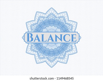 Light blue rosette or money style emblem with text Balance inside