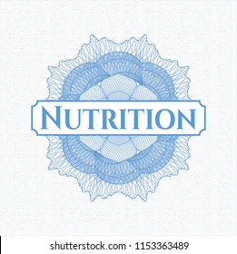 Light blue rosette or money style emblem with text Nutrition inside