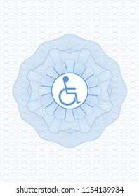 Light blue rosette (money style emblem) with disabled (wheelchair) icon inside