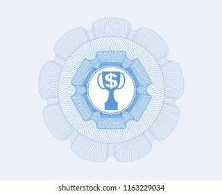 Light blue rosette or money style emblem with trophy with money symbol inside icon inside