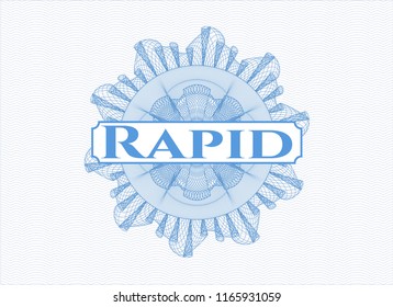 Light blue rosette or money style emblem with text Rapid inside