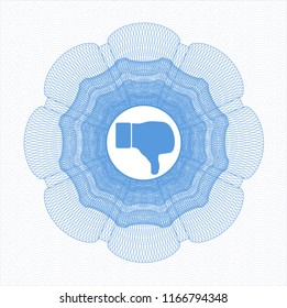 Light blue rosette or money style emblem with dislike icon inside