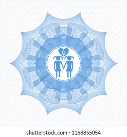 Light blue rosette or money style emblem with lesbian love icon inside