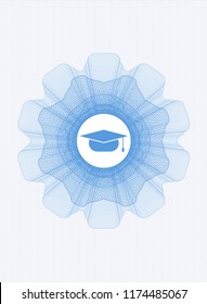 Light blue rosette or money style emblem with graduation cap icon inside