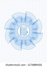 Light blue rosette (money style emblem) with notebook with pencil icon inside