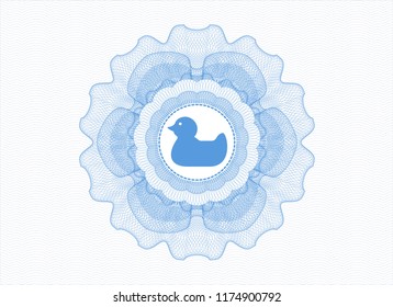 Light blue rosette or money style emblem with rubber duck icon inside