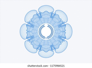 Light blue rosette (money style emblem) with laurel wreath icon inside