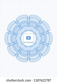 Light blue rosette or money style emblem with video player icon inside