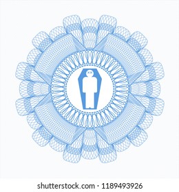 Light blue rosette or money style emblem with dead man in his coffin icon inside