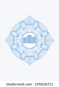Light blue rosette (money style emblem) with buildings icon inside