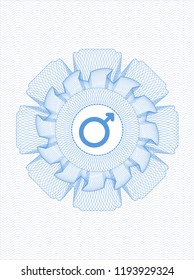 Light blue rosette or money style emblem with male icon inside