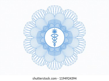 Light blue rosette or money style emblem with medical marijuana icon inside