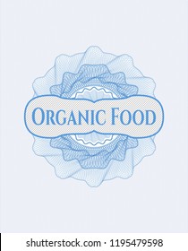 Light blue rosette or money style emblem with text Organic Food inside