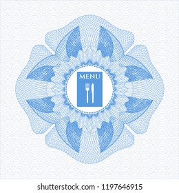 Light blue rosette (money style emblem) with restaurant menu icon inside