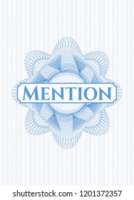 Light blue rosette or money style emblem with text Mention inside