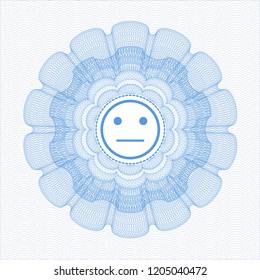 Light blue rosette or money style emblem with serious face icon inside