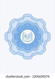 Light blue rosette or money style emblem with book icon inside