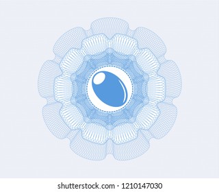 Light blue rosette (money style emblem) with olive icon inside