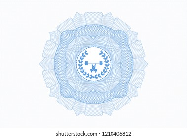 Light blue rosette or money style emblem with weightlifting inside of crown icon inside
