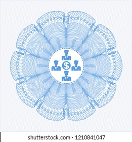 Light blue rosette (money style emblem) with business teamwork and money icon inside