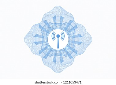 Light blue rosette or money style emblem with antenna signal icon inside