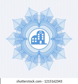 Light blue rosette or money style emblem with hospital icon inside