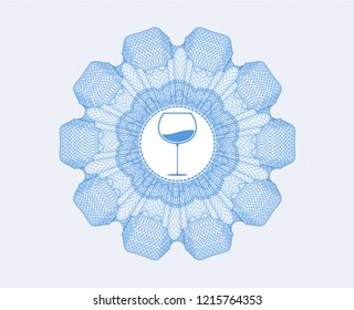 Light blue rosette or money style emblem with wine cup icon inside