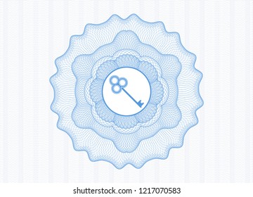 Light blue rosette (money style emblem) with key icon inside