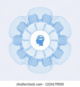 Light blue rosette or money style emblem with head with gears inside icon inside