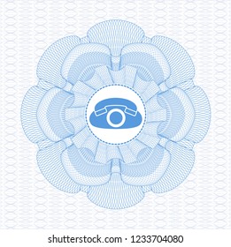 Light blue rosette (money style emblem) with phone icon inside