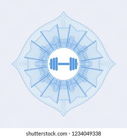 Light blue rosette or money style emblem with dumbbell icon inside