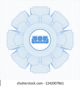 Light blue rosette (money style emblem) with couch icon inside