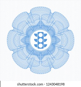 Light blue rosette (money style emblem) with traffic light icon inside