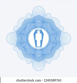 Light blue rosette or money style emblem with dead man in his coffin icon inside