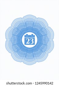 Light blue rosette (money style emblem) with calendar icon inside