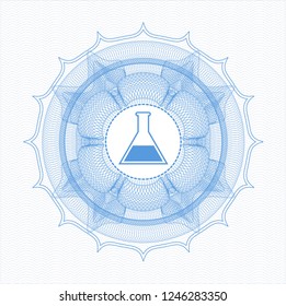 Light blue rosette or money style emblem with test tube icon inside