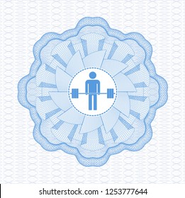 Light blue rosette or money style emblem with deadlift icon inside