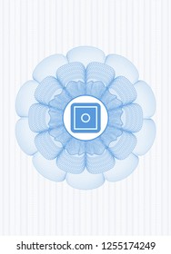 Light blue rosette (money style emblem) with bank safe icon inside