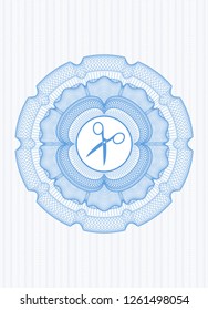 Light blue rosette (money style emblem) with scissors icon inside