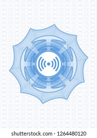 Light blue rosette or money style emblem with signal icon inside