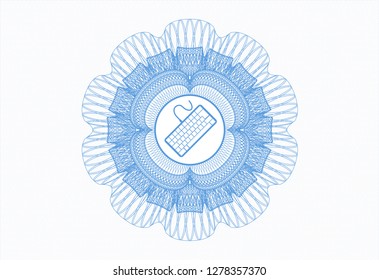Light blue rosette or money style emblem with keyboard icon inside