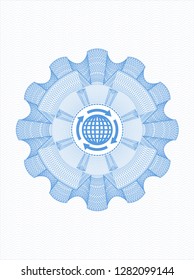 Light blue rosette (money style emblem) with globalization icon inside