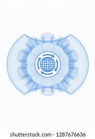 Light blue rosette or money style emblem with globalization icon inside