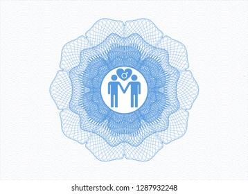 Light blue rosette (money style emblem) with gay men love icon inside
