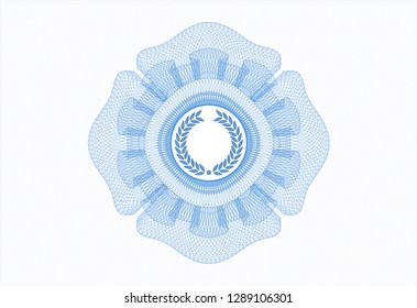 Light blue rosette (money style emblem) with laurel wreath icon inside