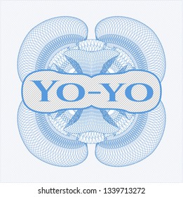 Light blue rosette (money style emblem) with text Yo-yo inside