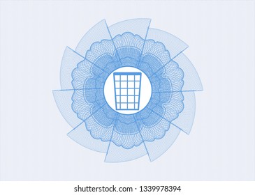 Light blue rosette or money style emblem with wastepaper basket icon inside